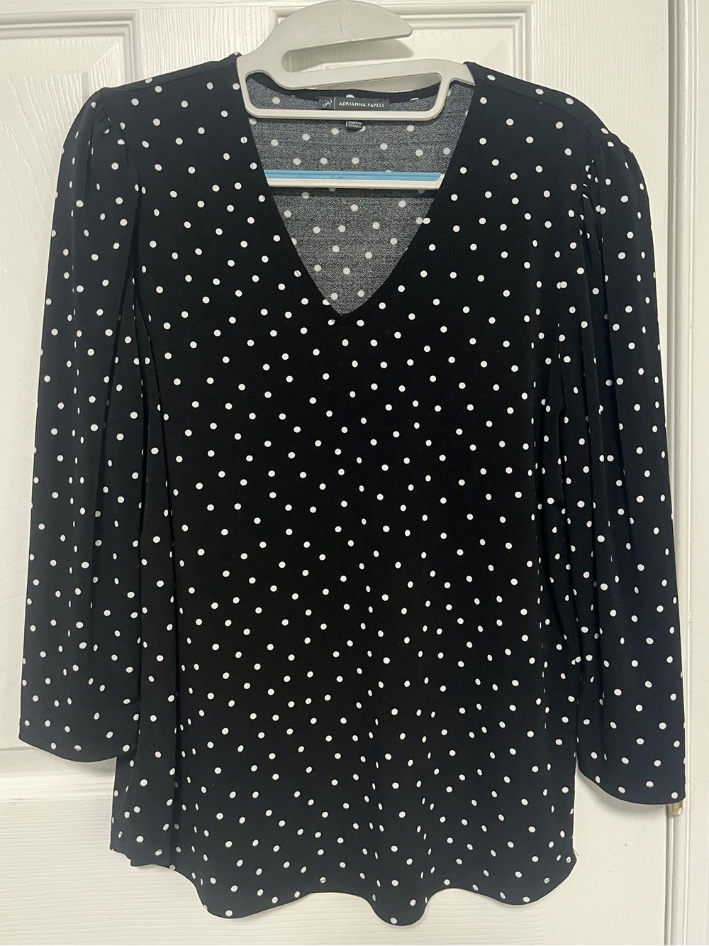 Adrianna Papell Black and White Polka Dot V-Neck Blouse